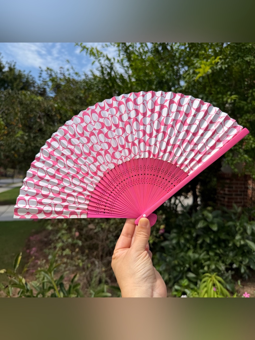Vintage Coach Signature C Print Pink Folding Hand Fan with Matching Pouch
